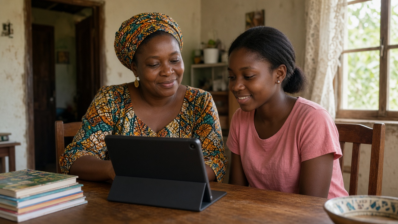 A Ghanaian parent reviewing a child’s MyEdCamp learning with them